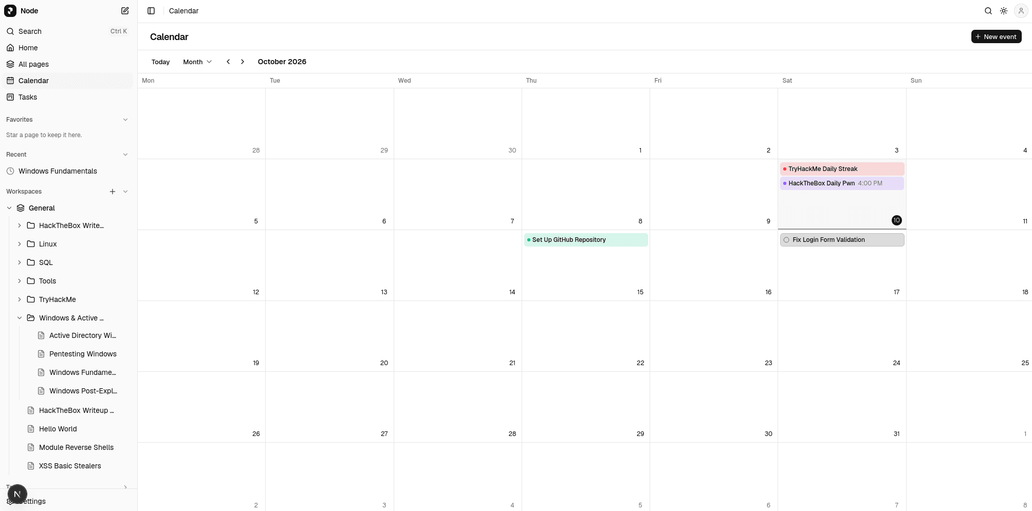 The Node calendar in month view, with events and a task due date