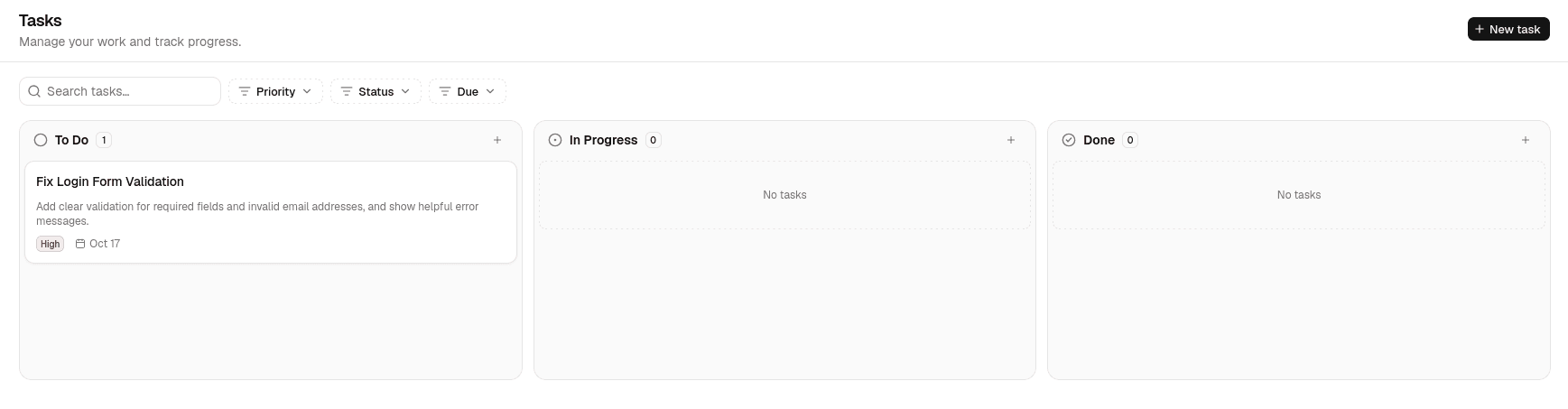 The Node task board with To Do, In Progress and Done columns