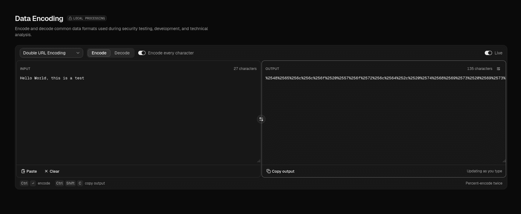 The Data Encoding tool, encoding text with Double URL encoding in Live mode